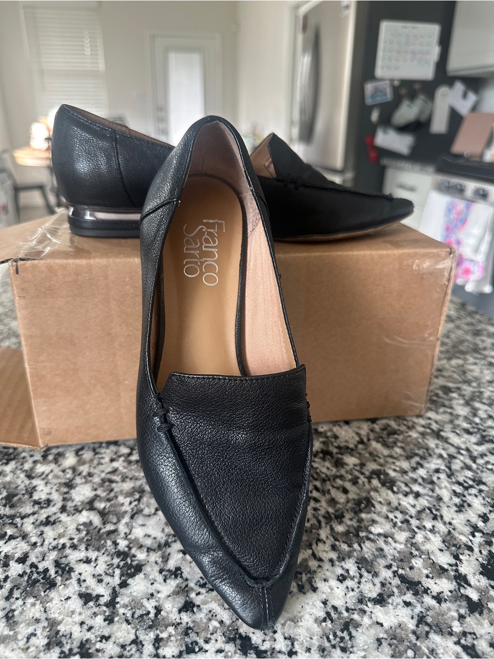 Franco Sarto Starland Black Pebbled Leather Pointed Toe Loafers - Size 5.5M
